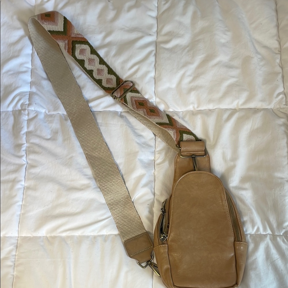 Tan Sling Bag with Patterned Strap